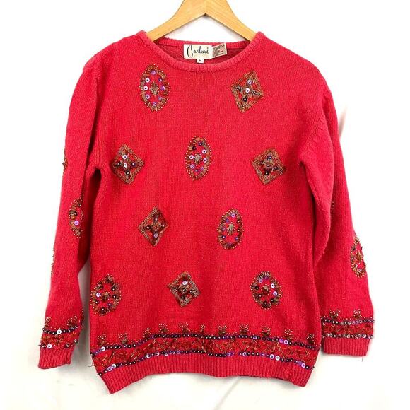 VTG Carducci Silk Angora Sequin Pullover Sweater MEDIUM 1980's Beaded Pink - Picture 5 of 13
